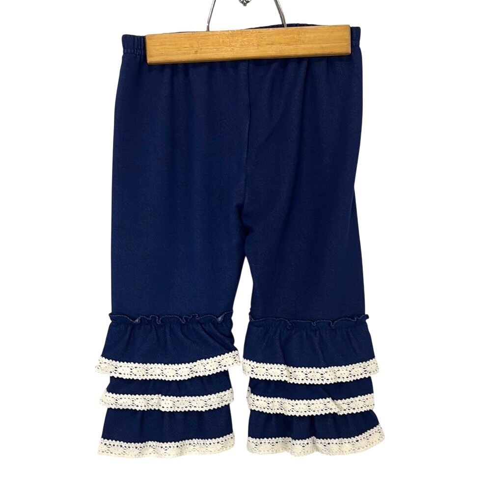 Navy Blue Lace Ruffled Capri Pantaloon Pants Gils Size 8 - Picture 2 of 5